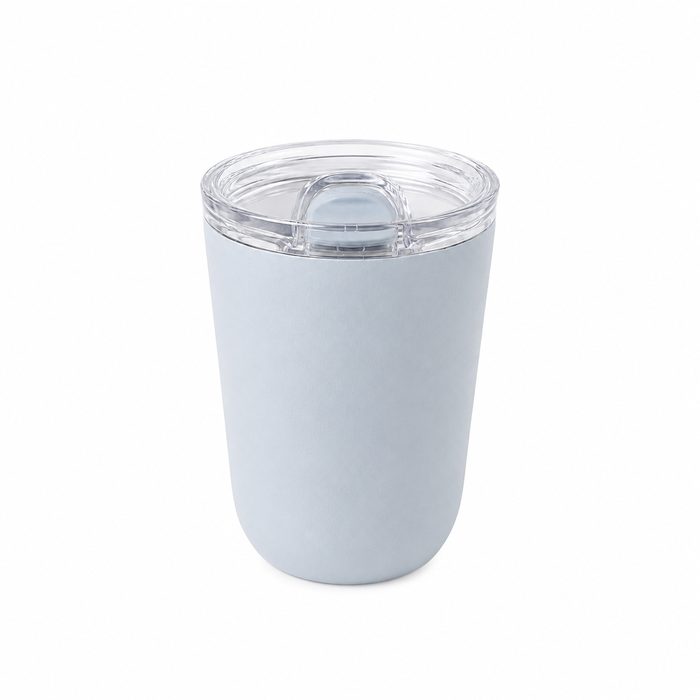 Compact grey insulated coffee cup with lid